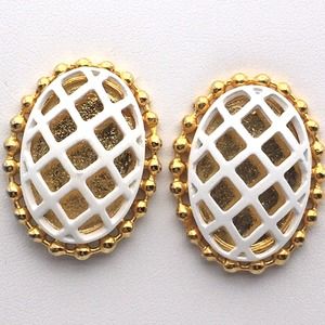Vintage Don Lin Earrings Gold Tone with White Enamel Lattice Cage Domed Pierced